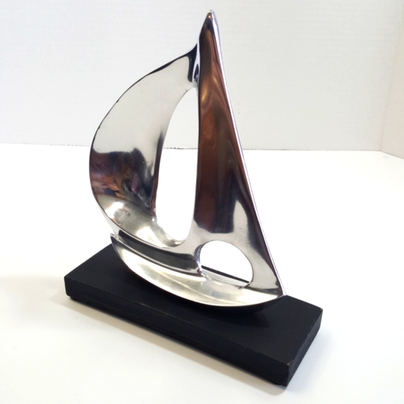 Sail Boat Spinnaker Silver Metal Aluminum Sculpture on Wood Stand - 8 in. tall - Picture 1 of 8